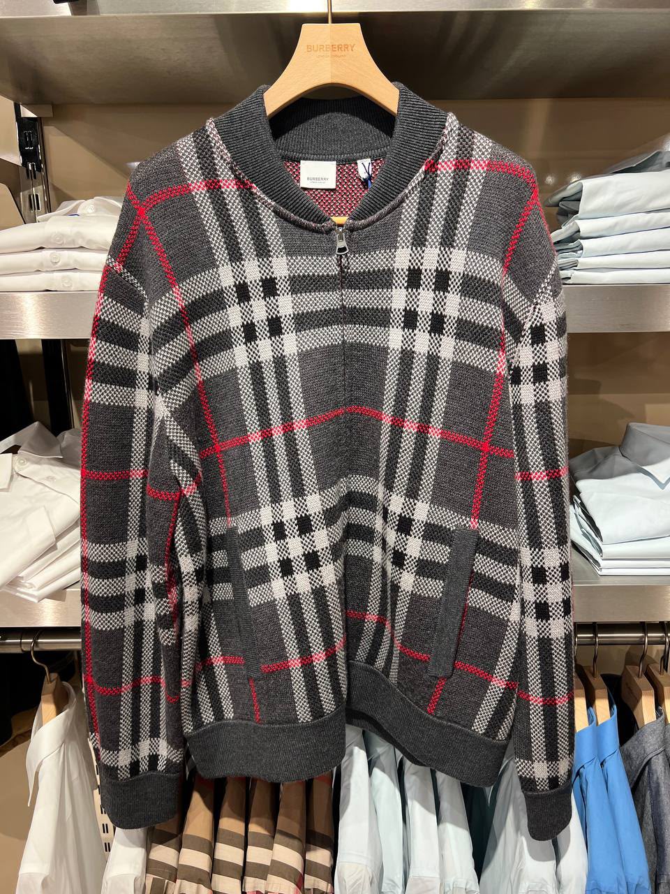 Check Wool Blend Zip-up Cardigan