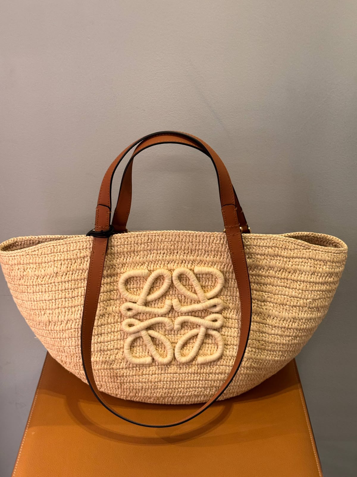 Anagram Basket Bag in Raffia and Calfskin