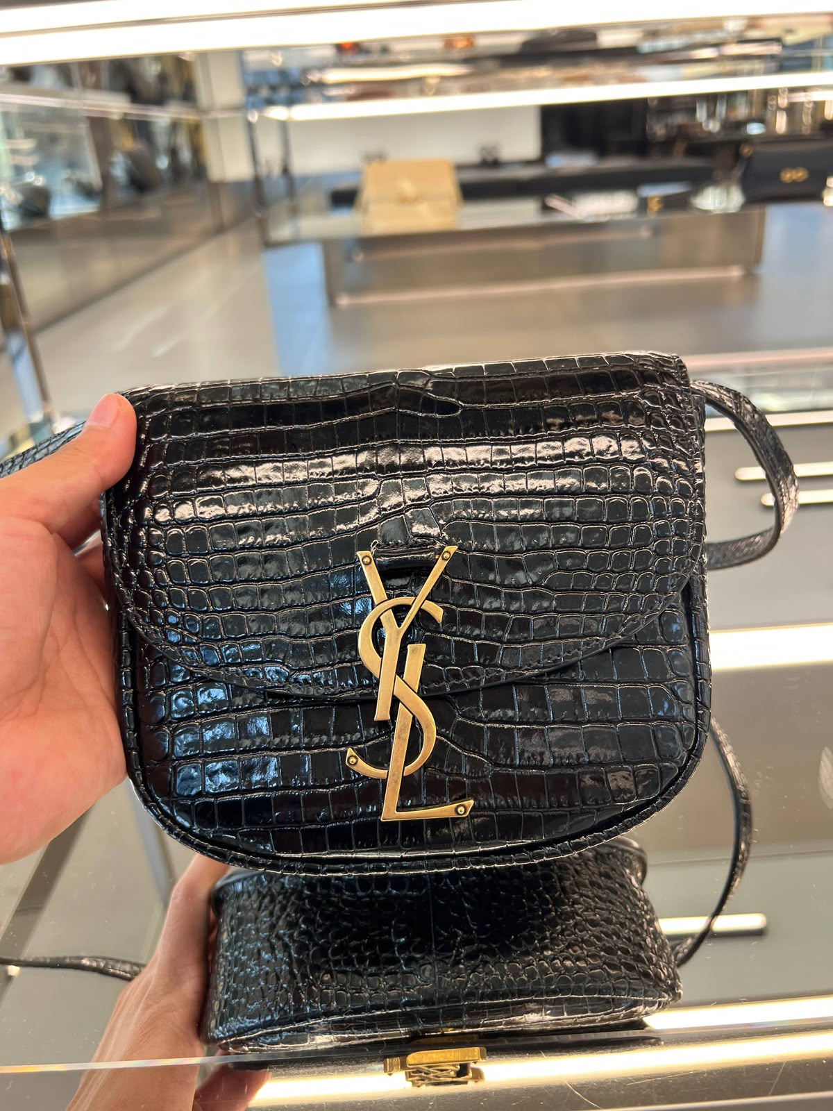 Le Maillon Satchel in Crocodile-Embossed Shiny Leather