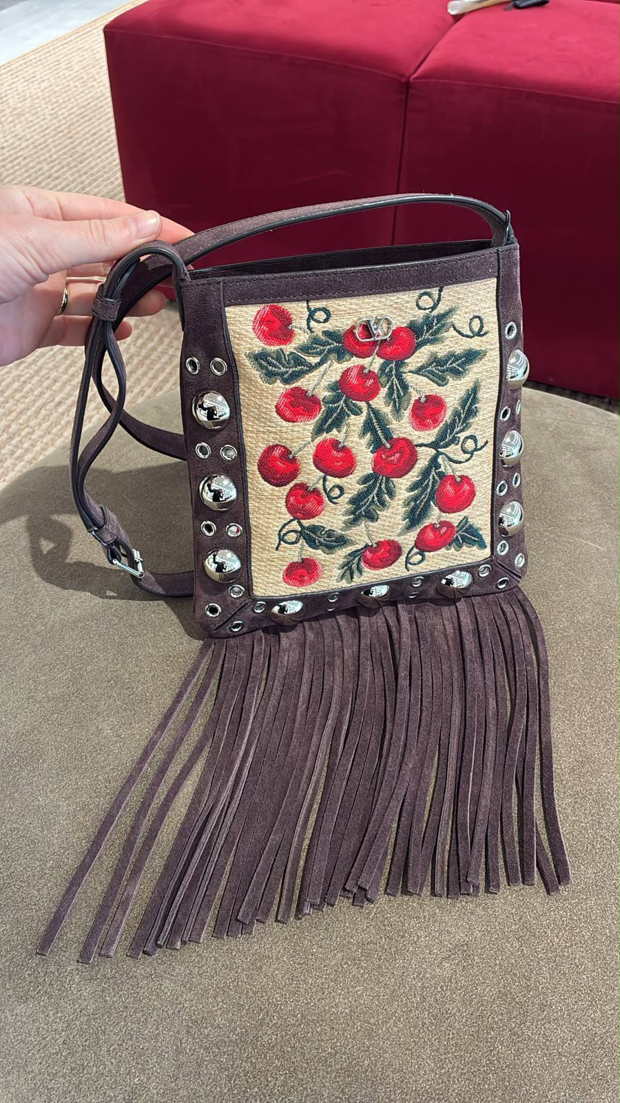 Garavani Cherry Embroidered Suede Fringe Crossbody Bag
