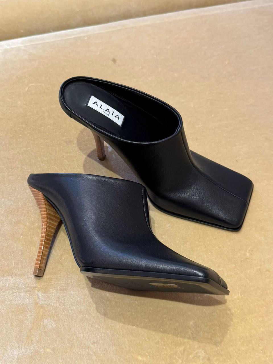 Leather Mules with Wood-Effect Heel