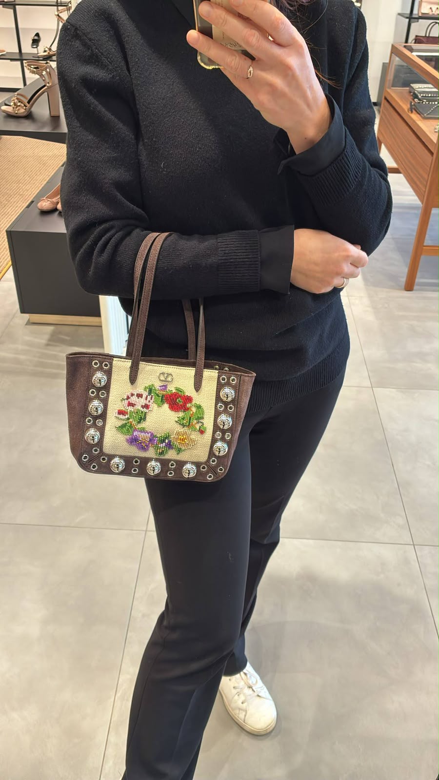 Garavani Small Tote with Floral Embroidery and Studs