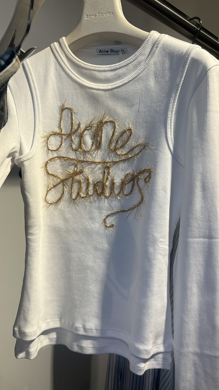 Ribbed long-sleeve top with metallic embroidery