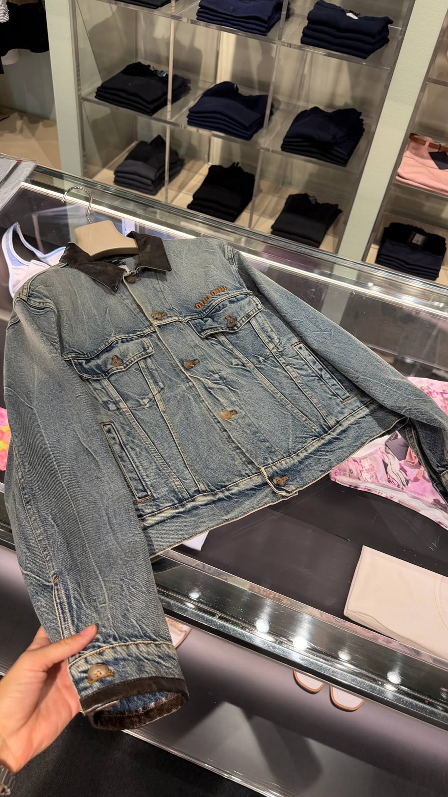 Denim Jacket with Leather Collar