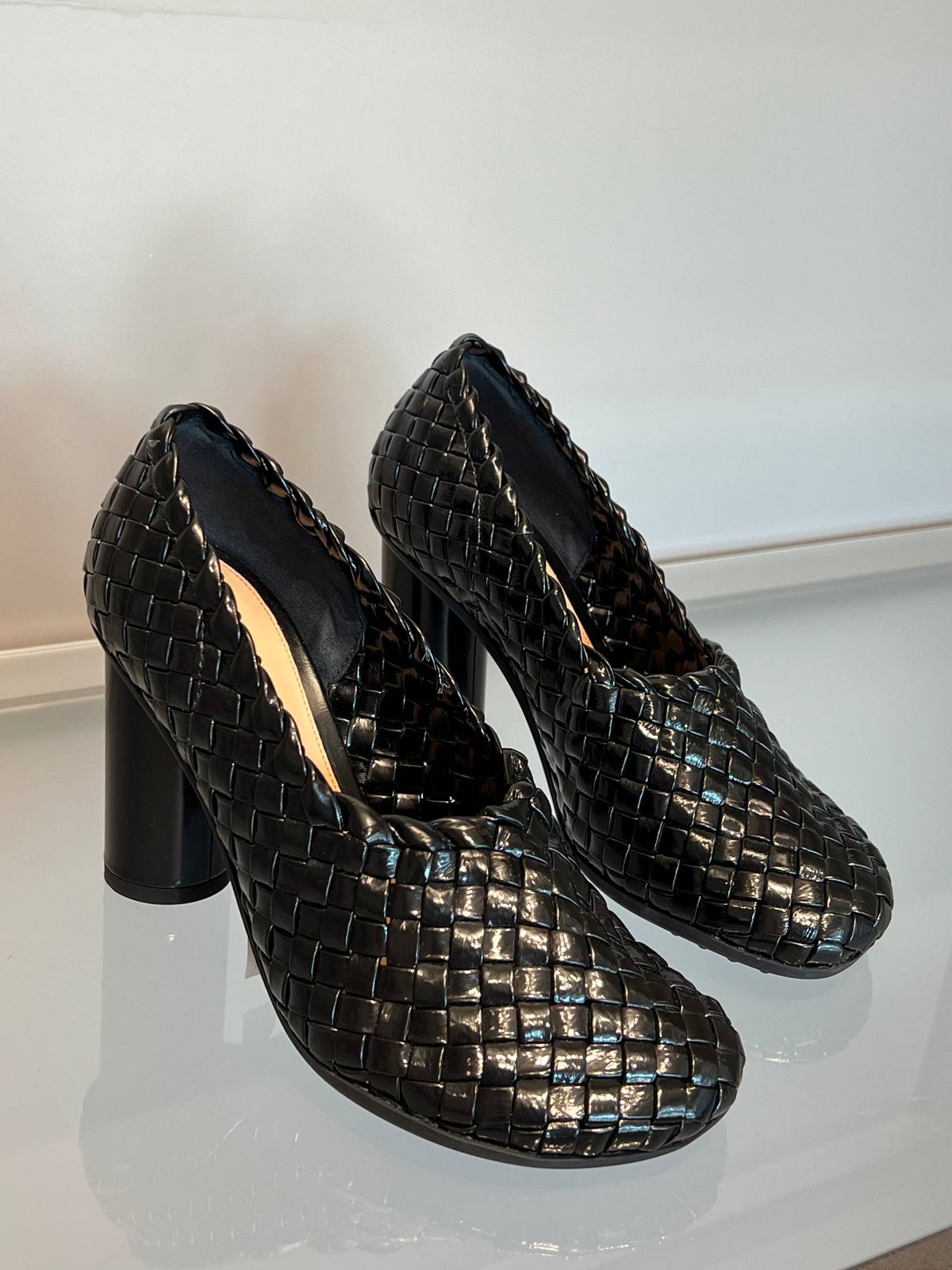 Woven Leather Block Heel Pumps