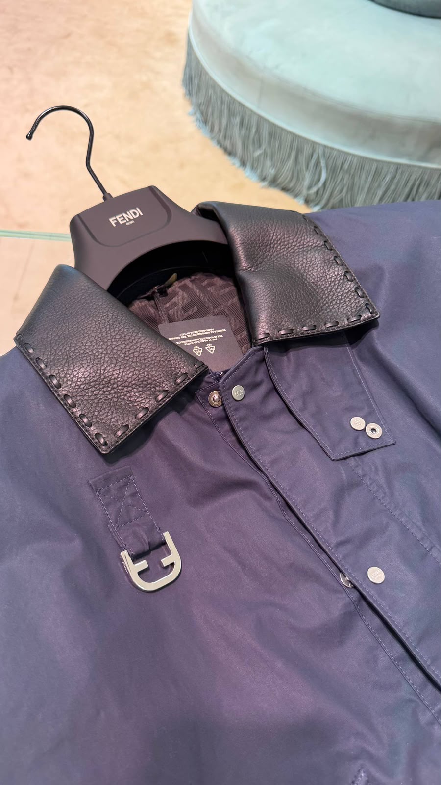 Navy Technical Fabric Jacket with Leather Collar