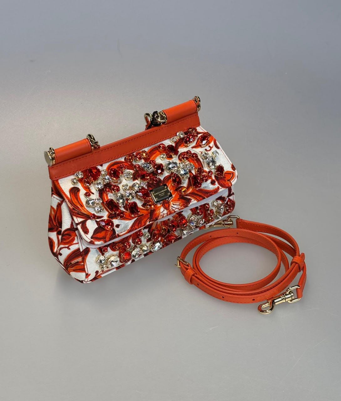 Sicily Small Bag in Majolica Print Canvas with Crystals