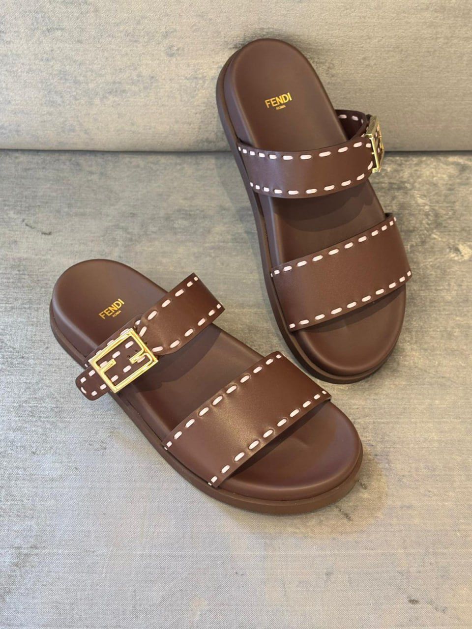 Brown Leather Slides with FF Buckle
