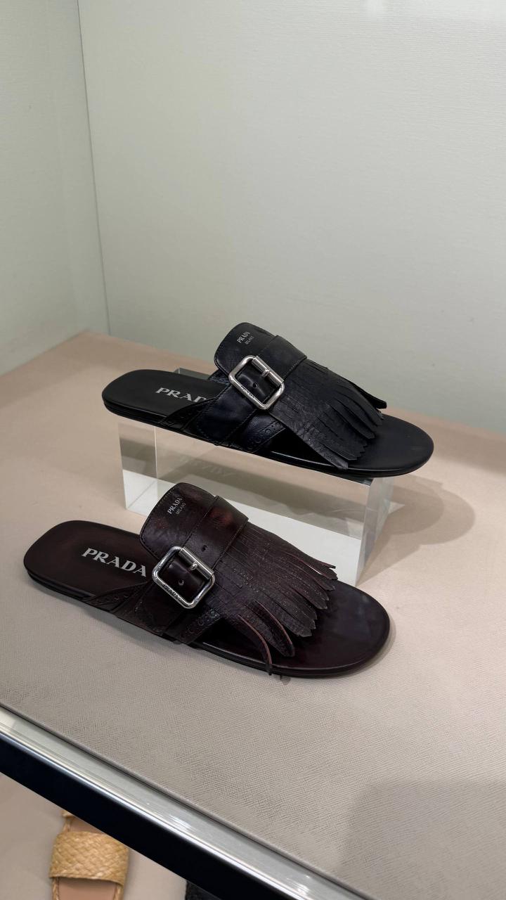 Brushed Leather Slides with Fringe
