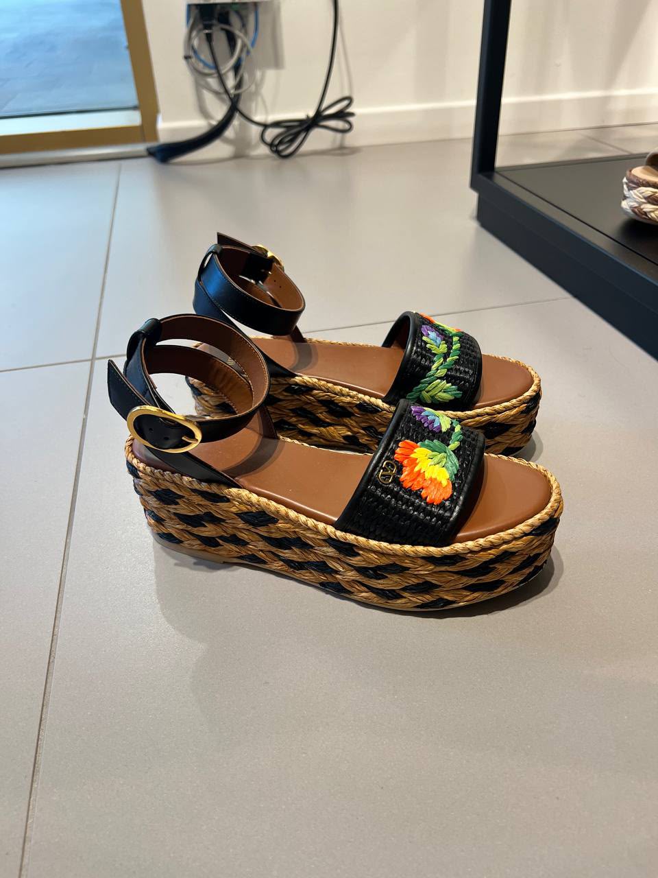 Garavani Floral Embroidered Espadrille Wedge Sandals
