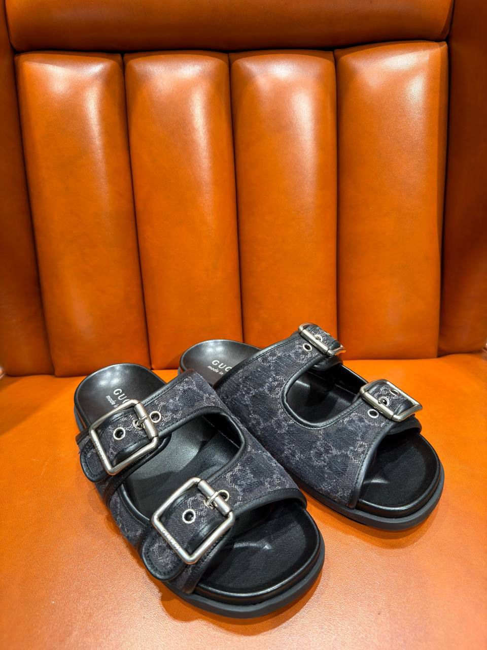 GG Denim Buckle Slides