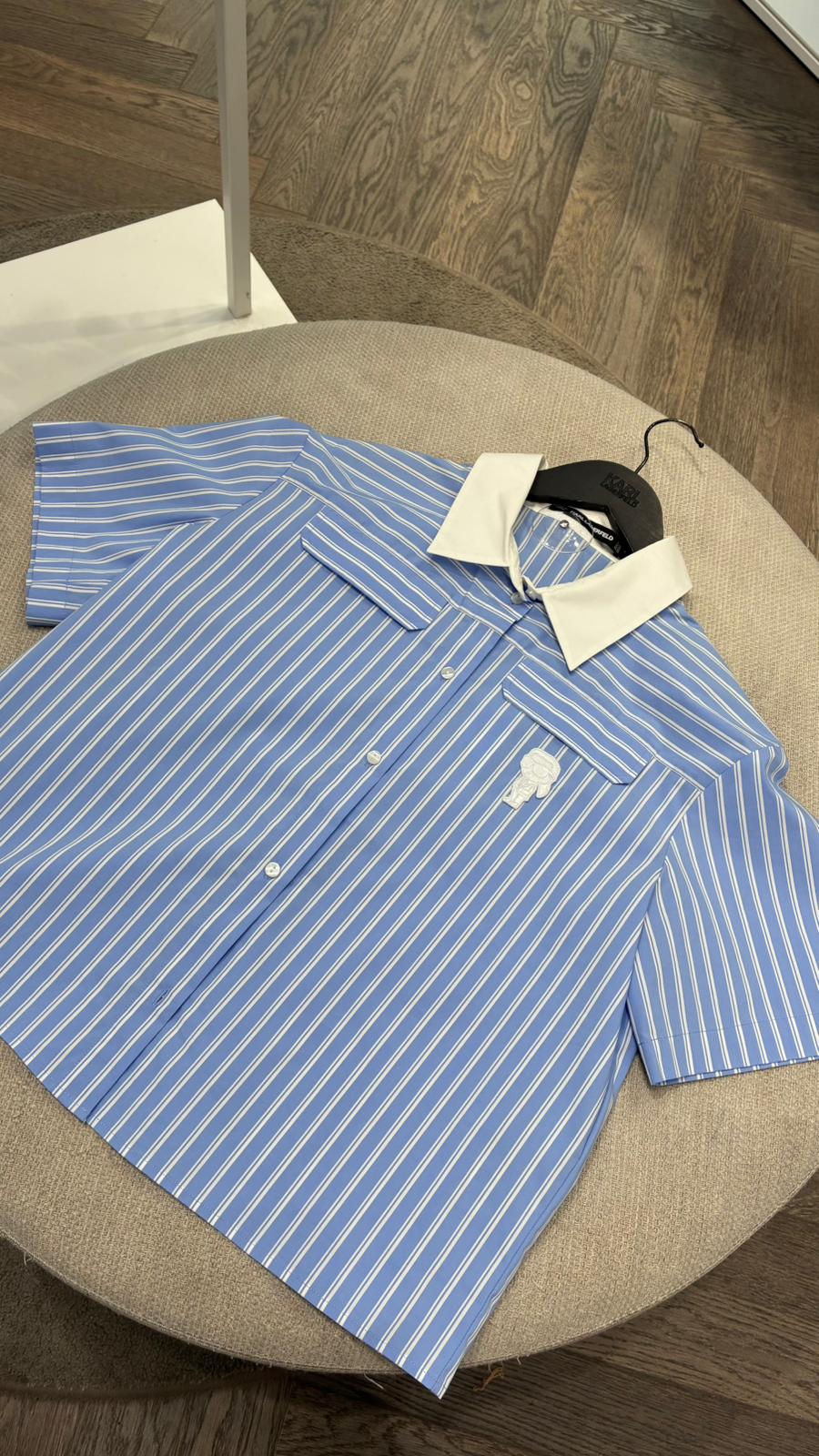 Striped Short-Sleeve Shirt with Contrast Collar