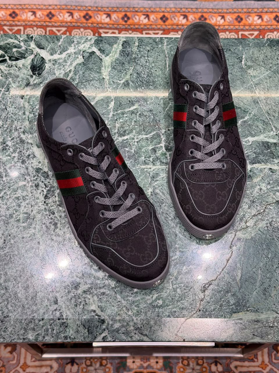 Men's Black Leather Low-Top Sneaker with Web