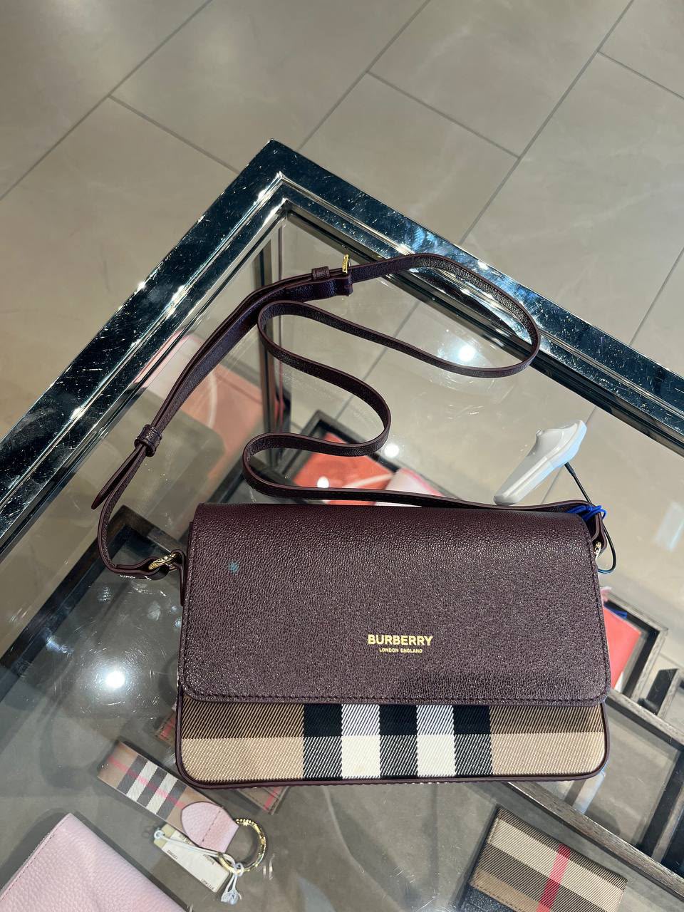 Check and Leather Crossbody Bag