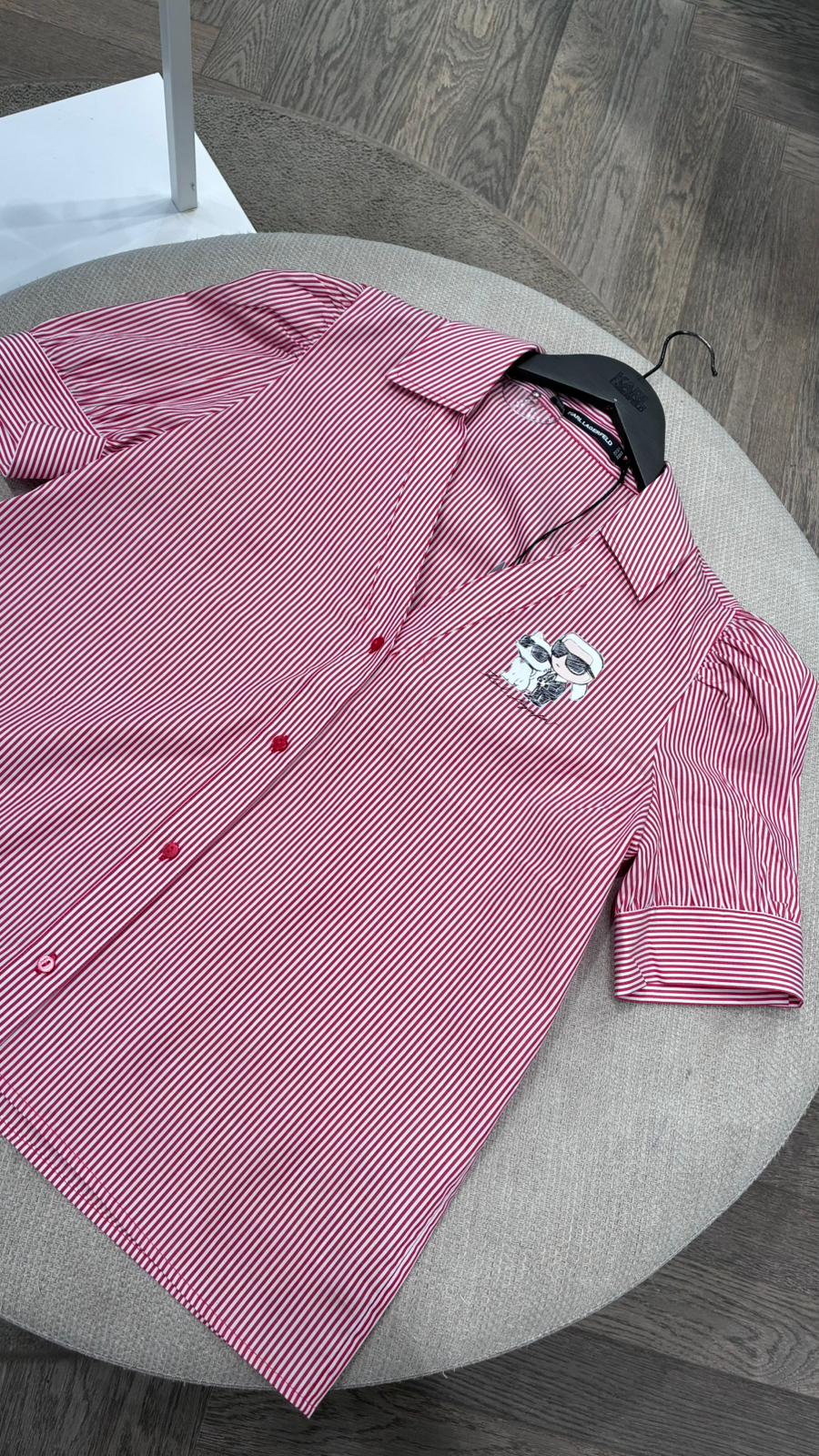 Striped Short-Sleeve Shirt with Contrast Collar