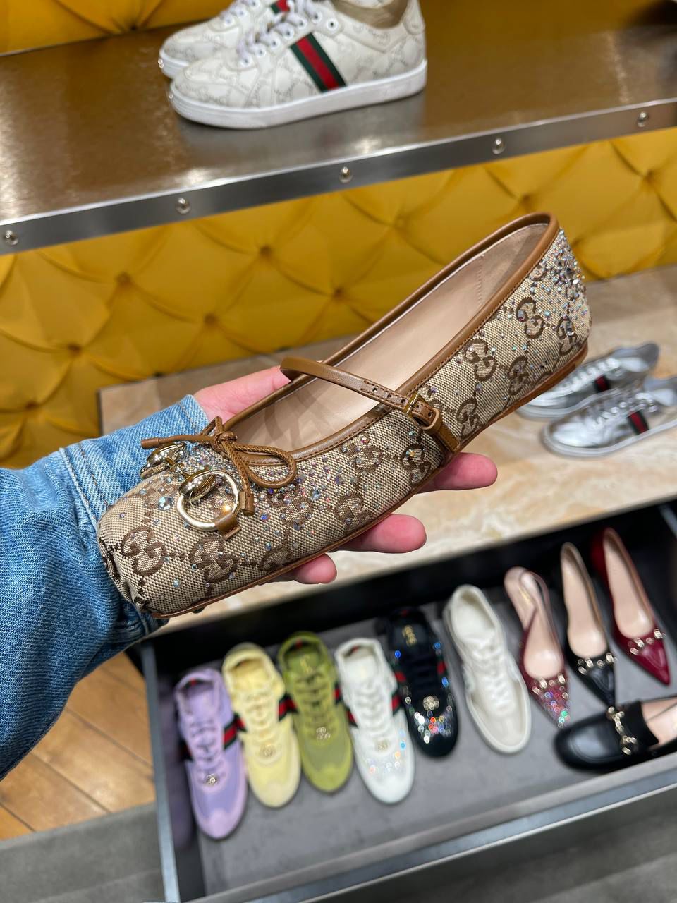 Gucci GG Supreme Crystal Embellished Ballet Flat