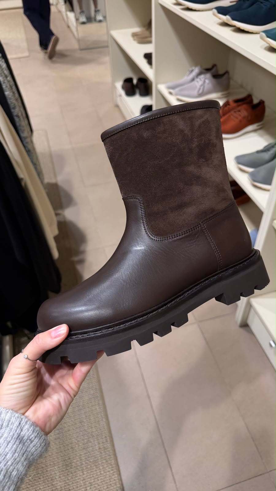 Mixed-Material Lug Sole Ankle Boot