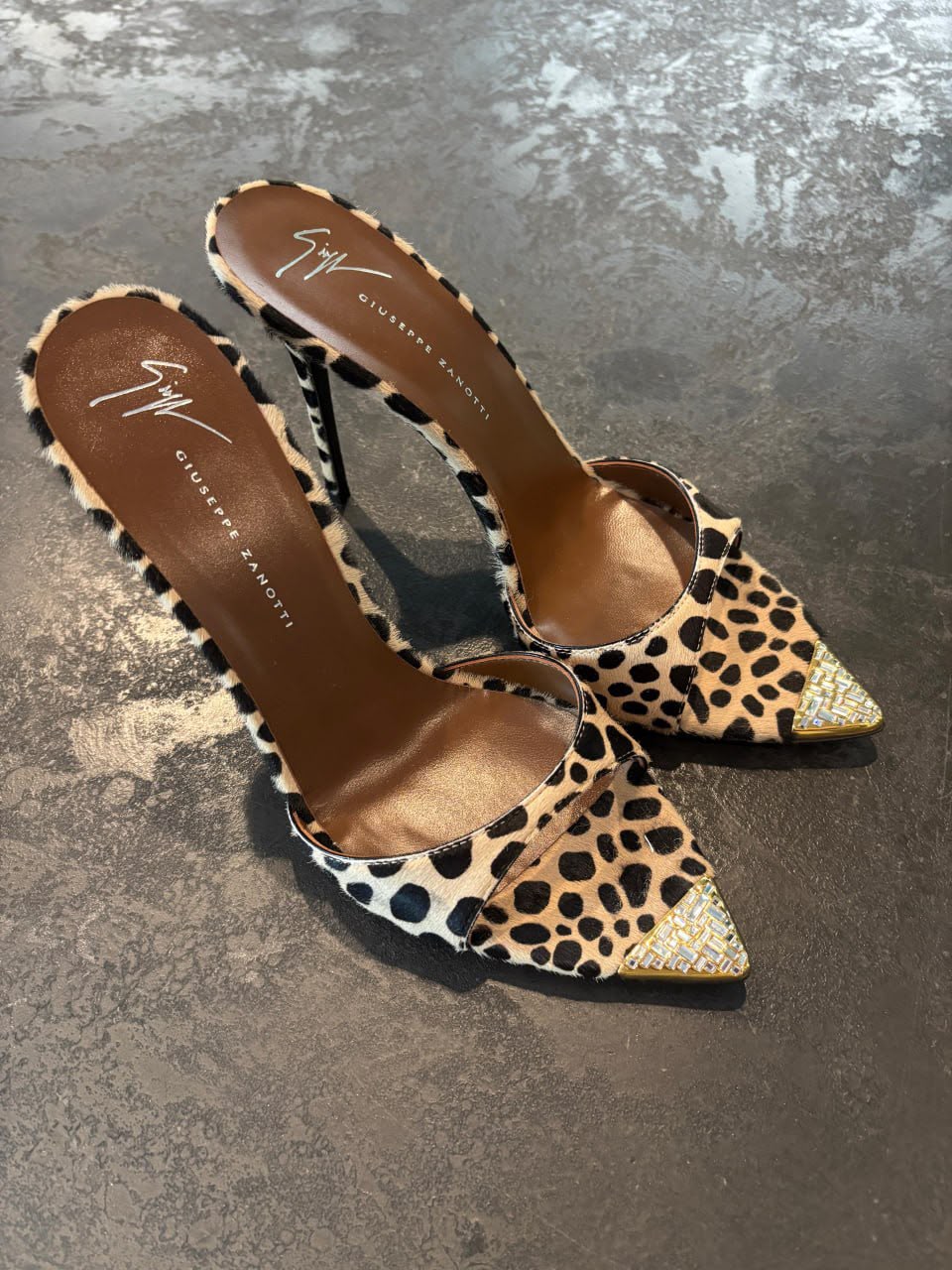 Leopard Print Calf Hair Mules with Crystal Toe Cap