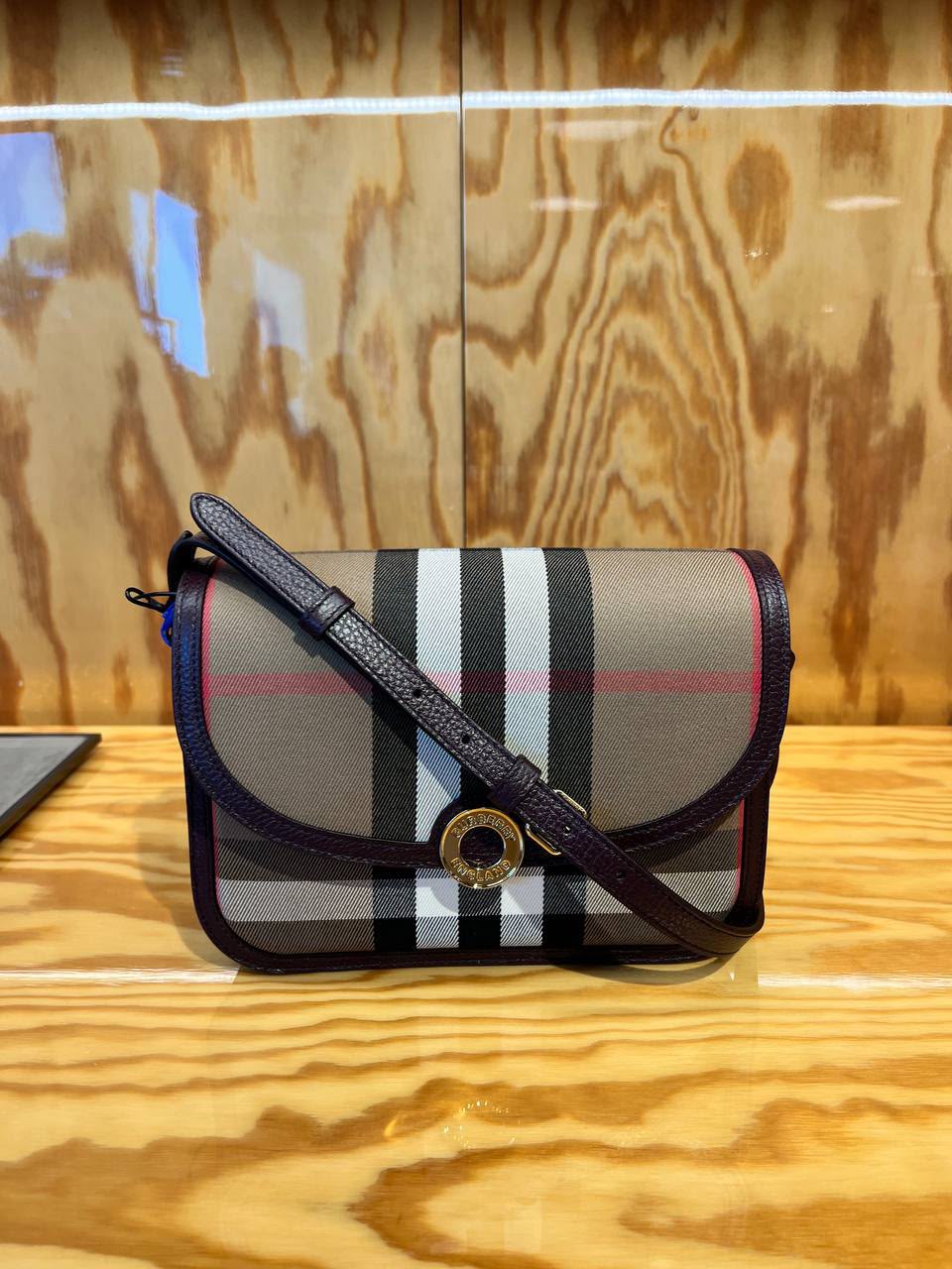 Small Check Canvas and Leather Title Bag