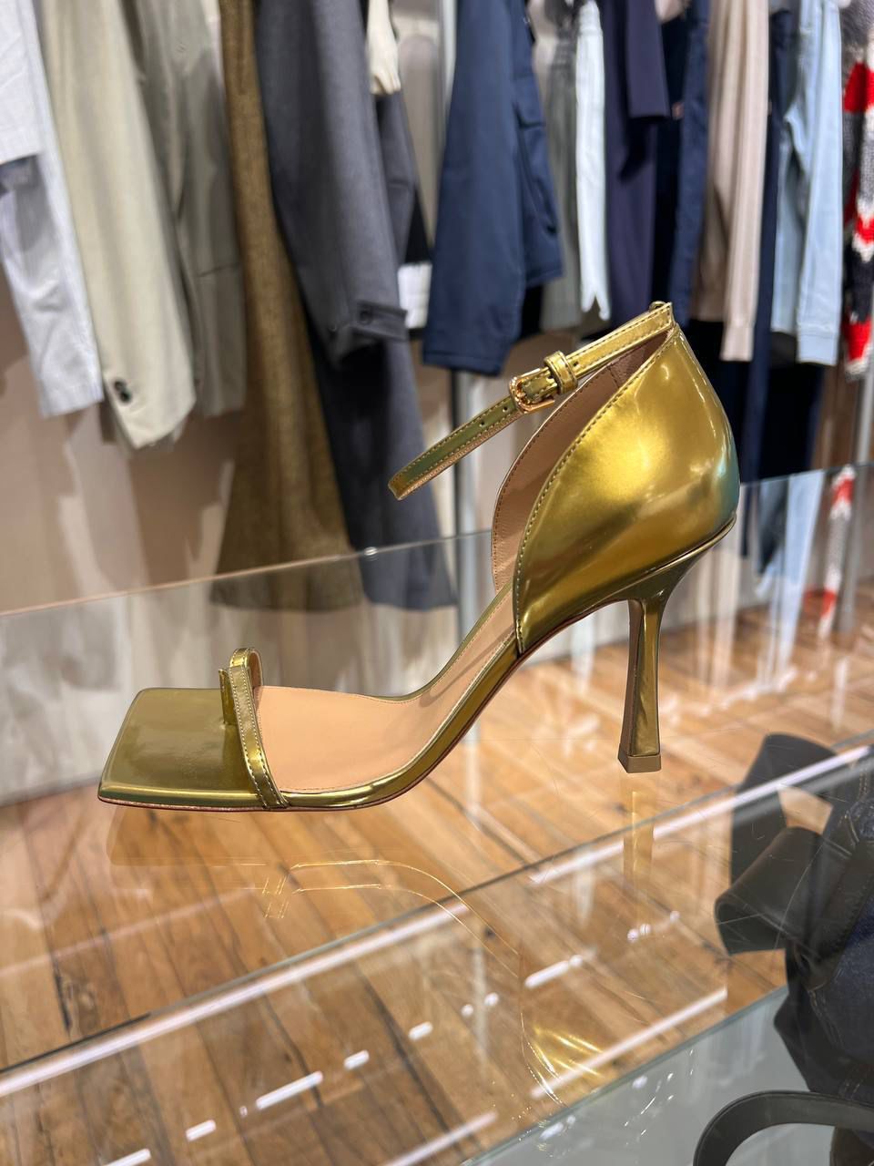 Metallic Square-Toe Ankle-Strap Stiletto Sandals