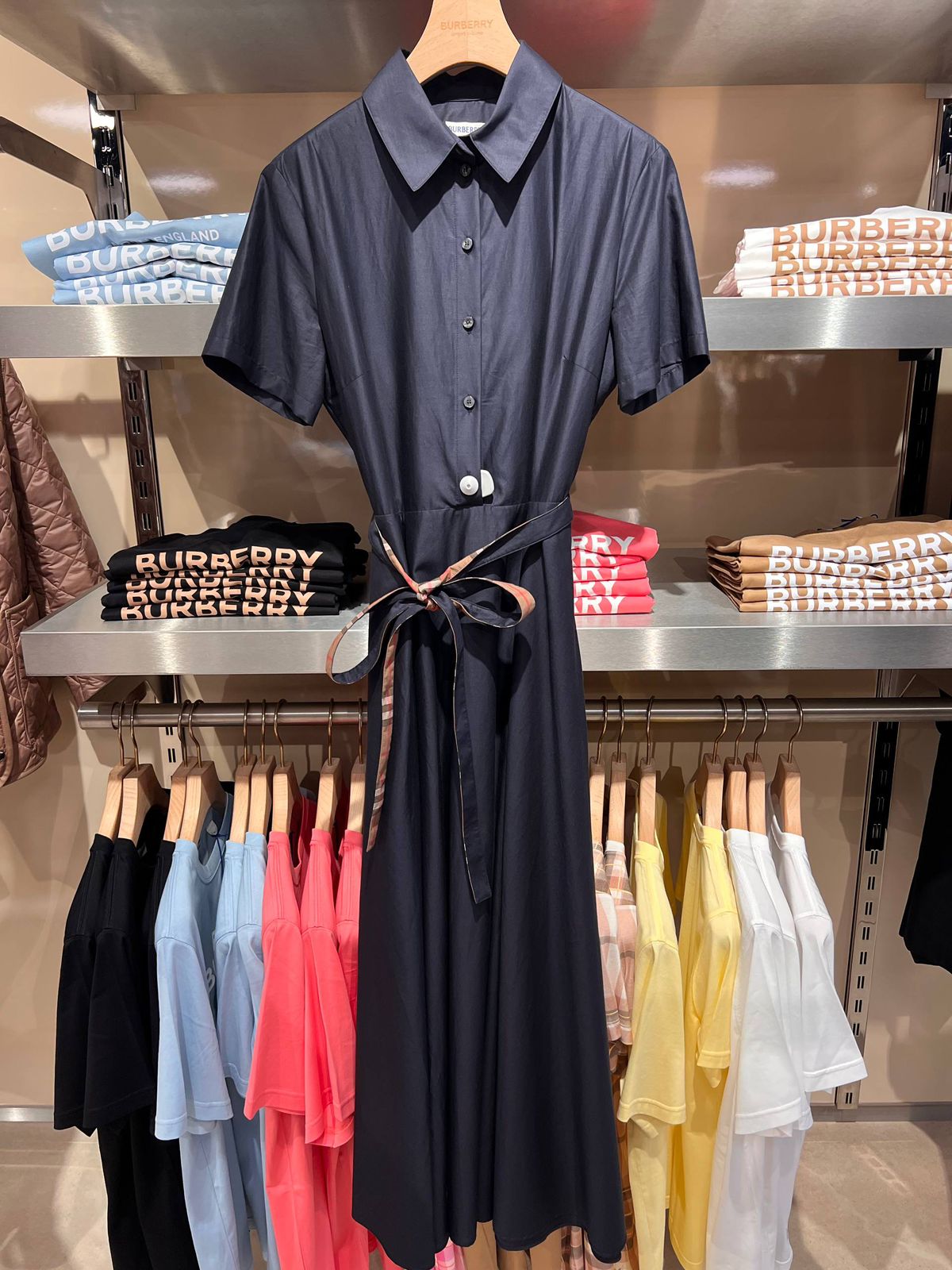 Cotton Shirt Dress with Check Belt