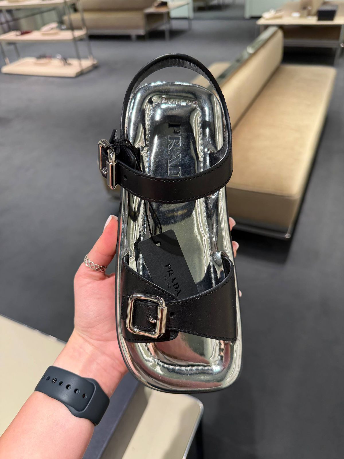 Brushed Leather and Metallic Technical Fabric Sandals