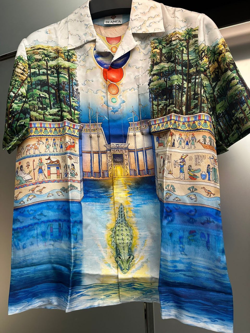 Egyptian Print Short Sleeve Button-Up Shirt