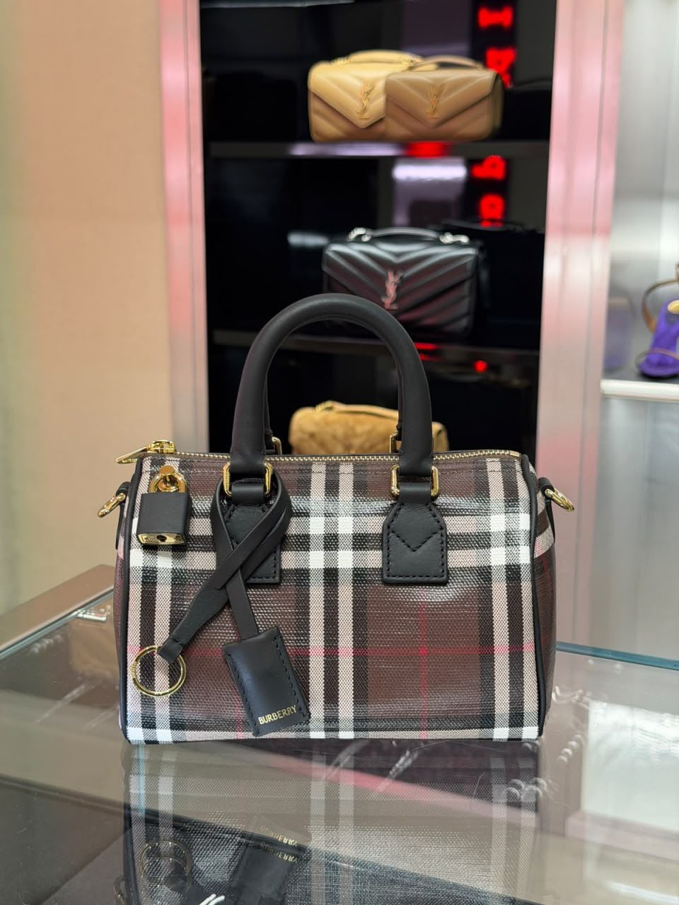 Small Check Canvas and Leather Bowling Bag