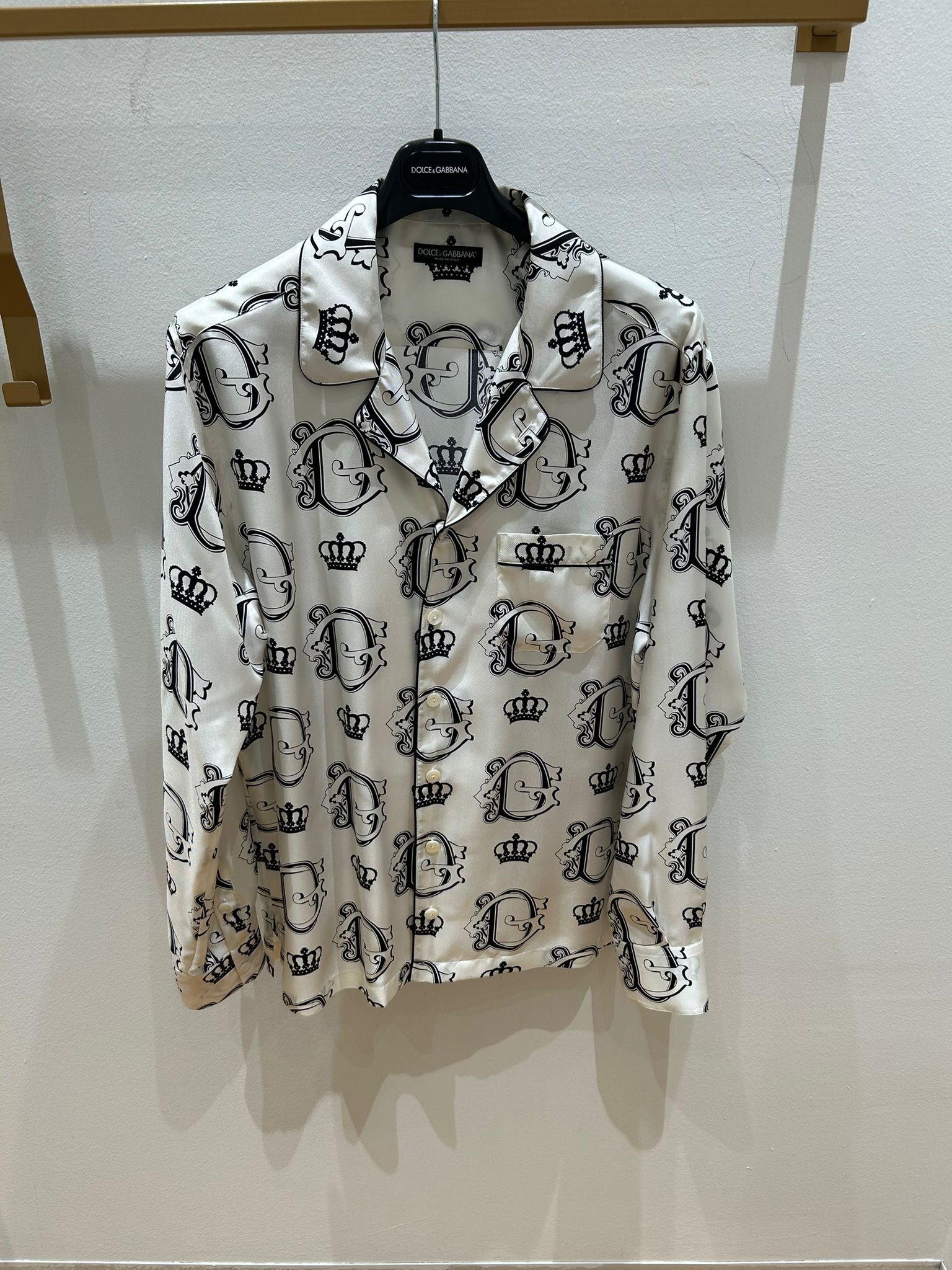 DG Logo and Crown Print Silk Pajama Shirt
