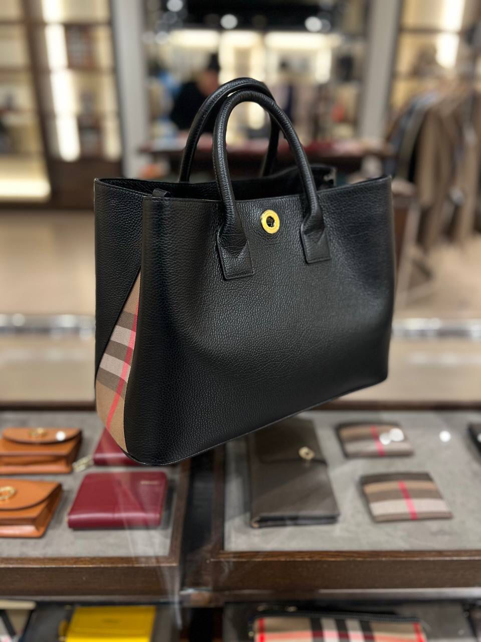 Medium Leather and House Check Tote Bag