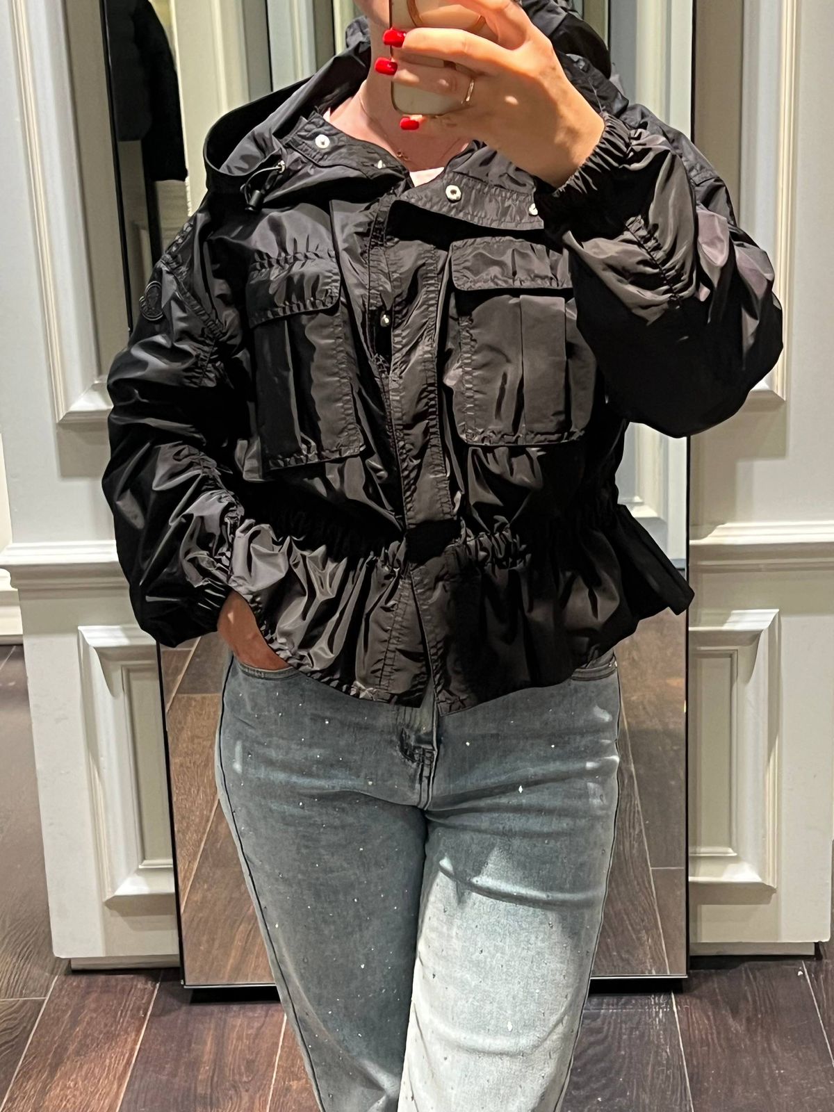 Moncler Suyen or similar hooded nylon peplum jacket