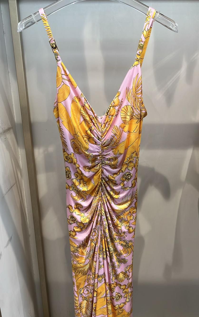 Tropical Print Ruched Midi Dress