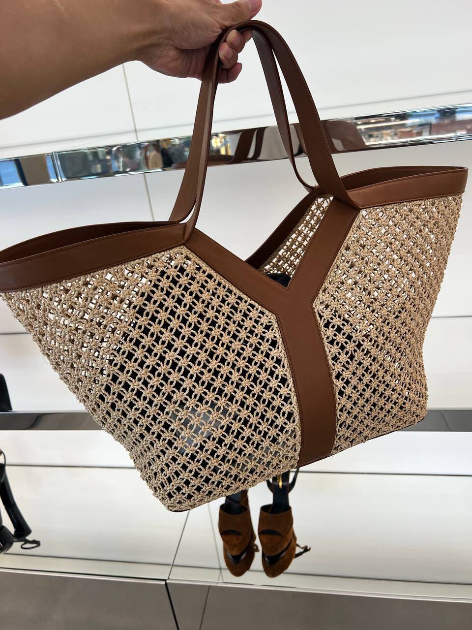 Icare Maxi Shopping Bag in Raffia and Smooth Leather