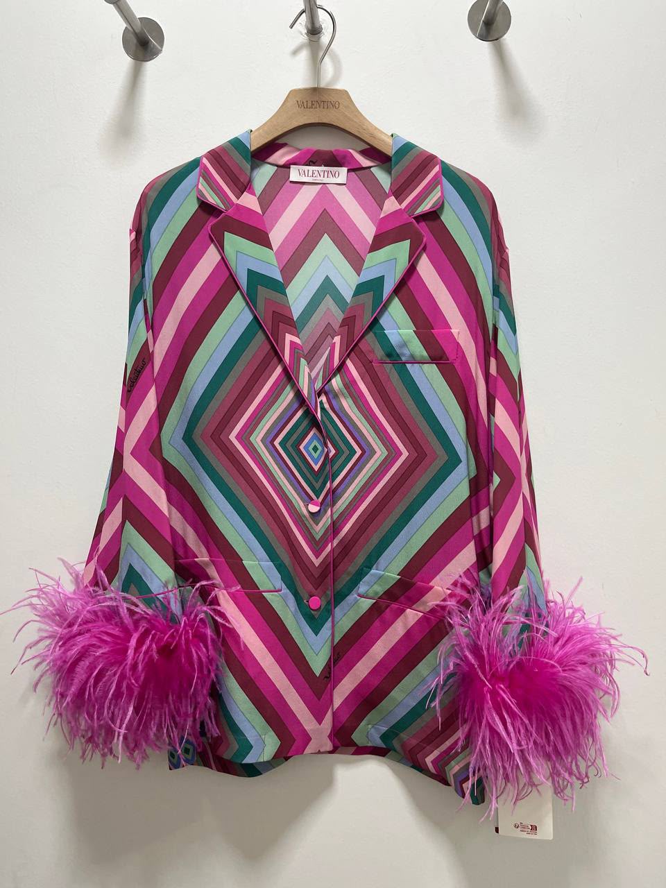 Geometric Print Feather-Trimmed Silk Shirt