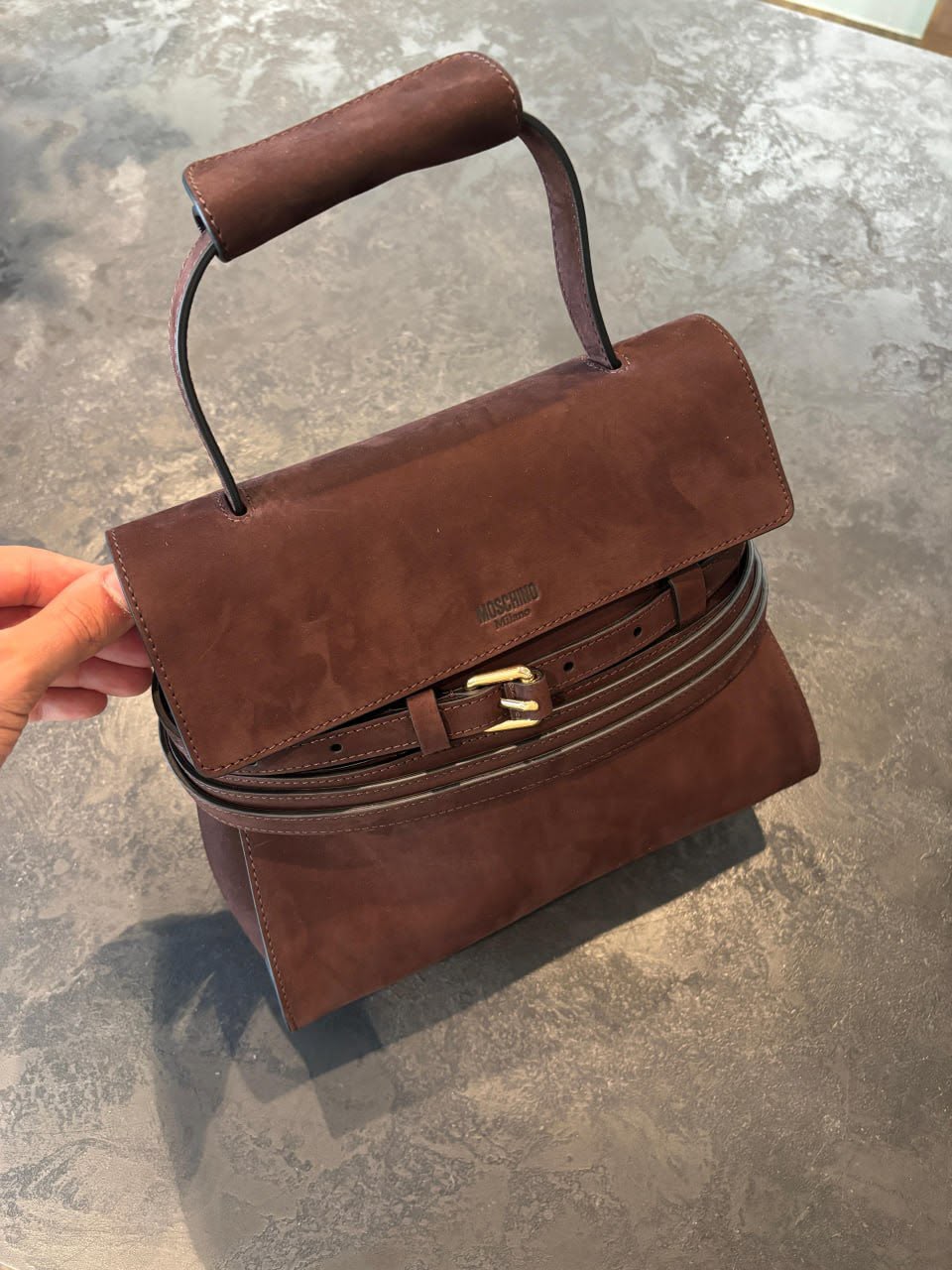 Belted Suede Top Handle Bag