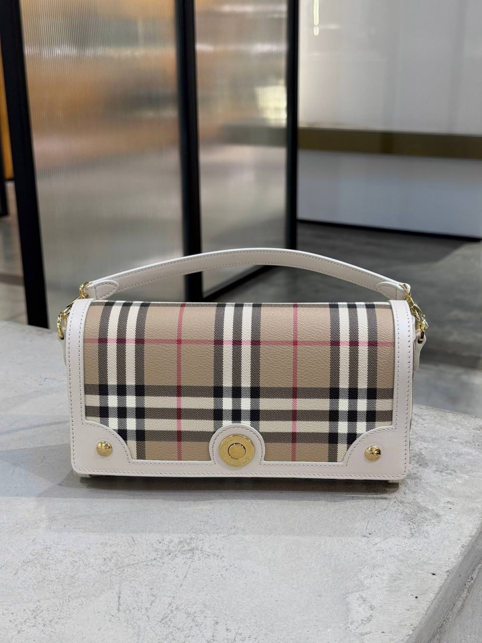 Small Check and Leather Top Handle Bag