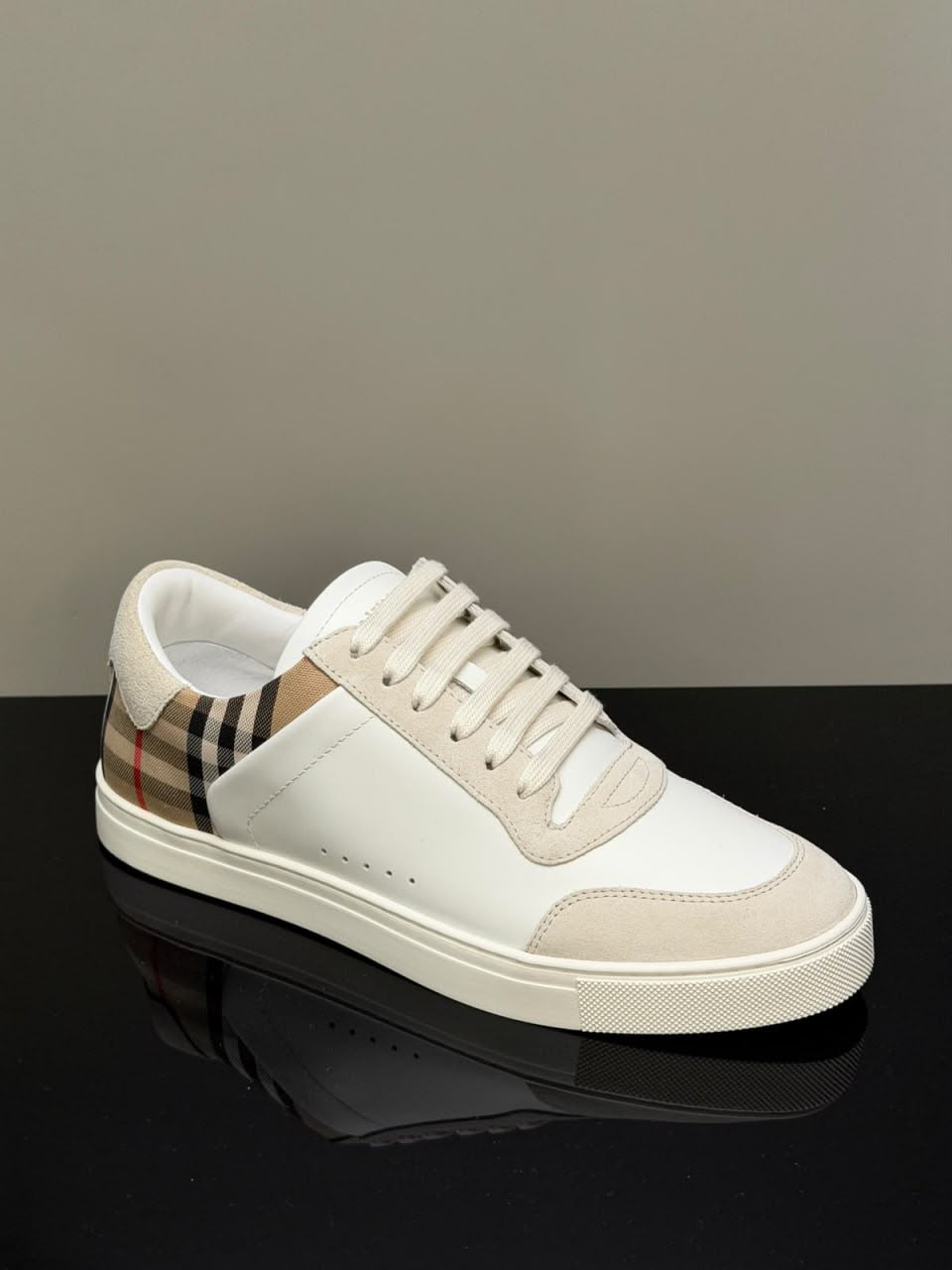 Check Detail Leather and Suede Sneakers