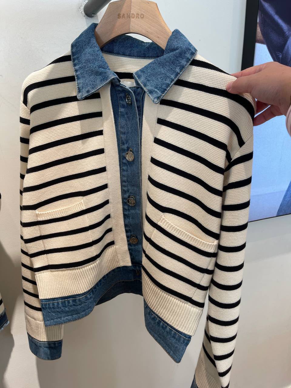 Striped knit cardigan with denim collar