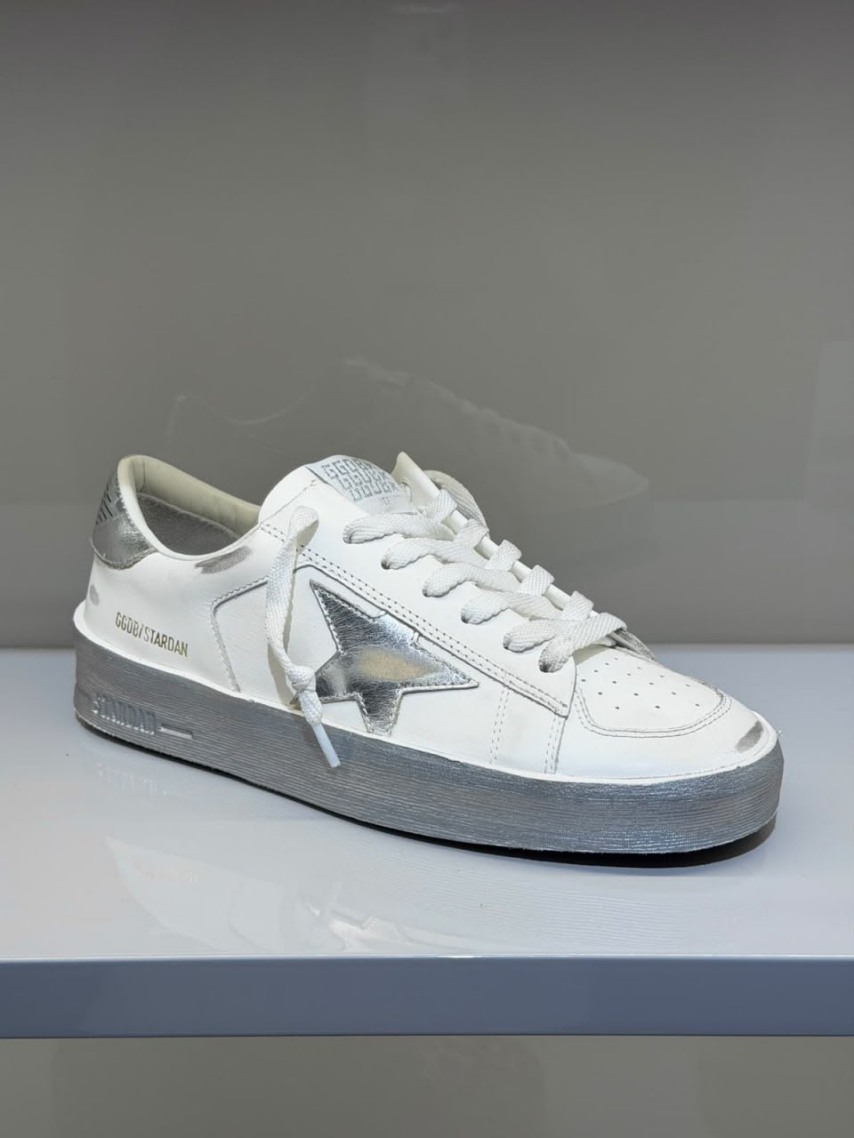 Super-Star Sneakers in Black Leather with Black Suede Star and Glitter Heel Tab
