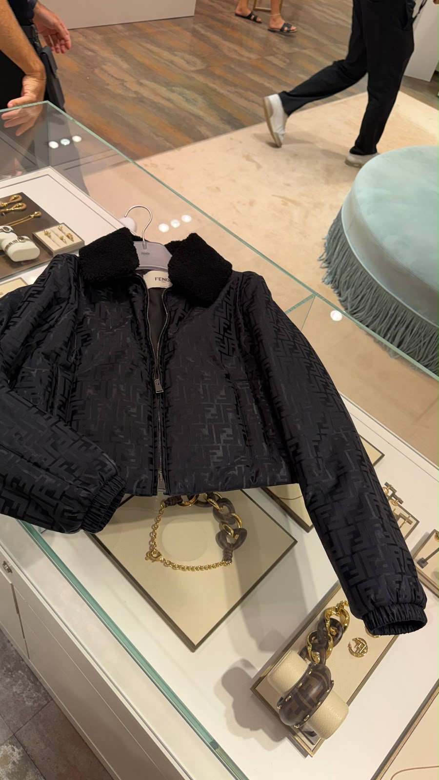FF Logo Jacquard Bomber Jacket with Shearling Collar