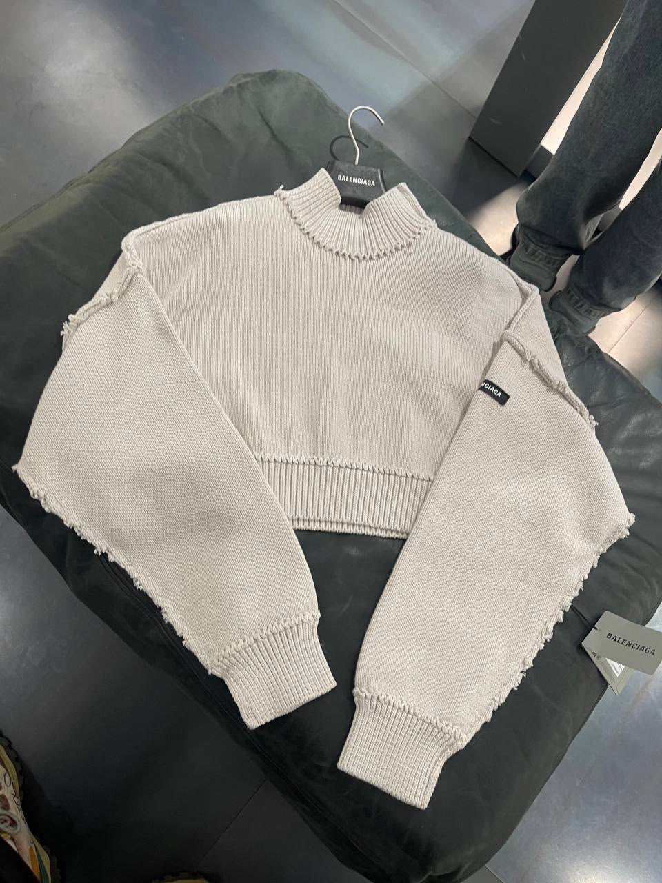 Distressed Cropped Mock Neck Sweater