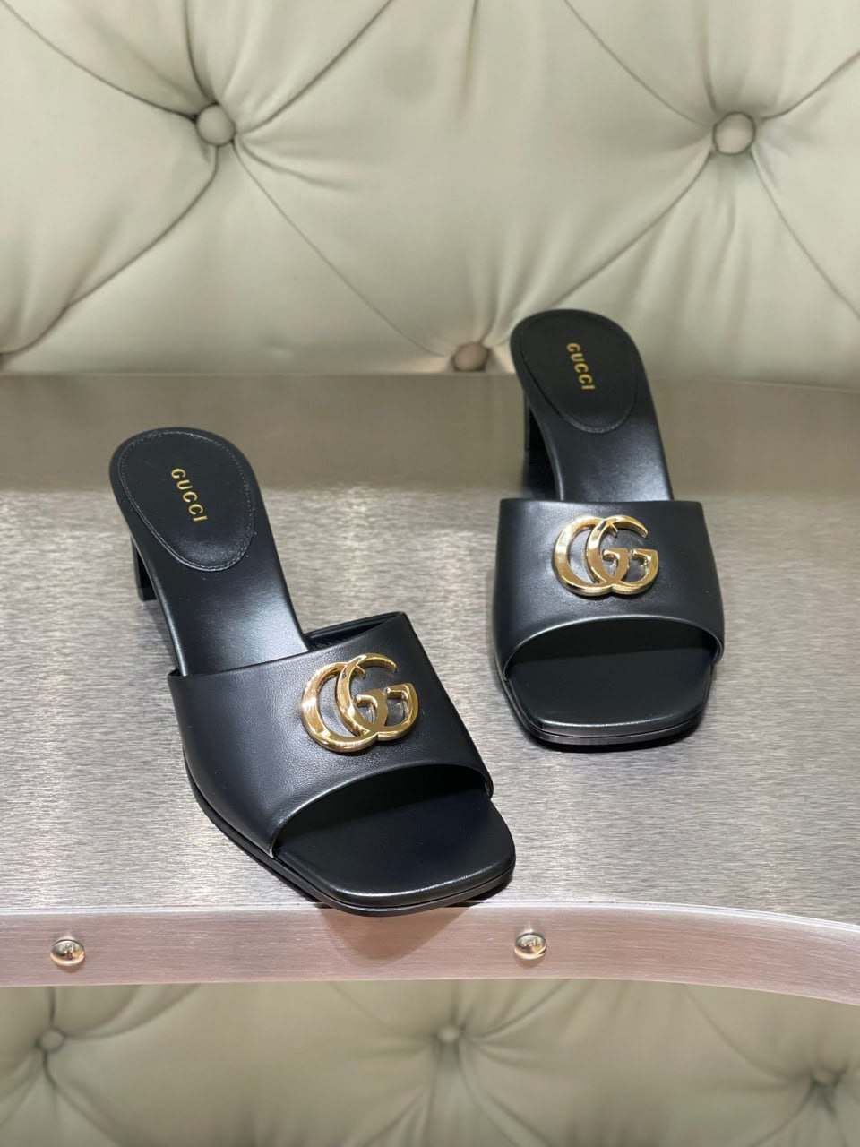 Double G Leather Mid-Heel Slide Sandal