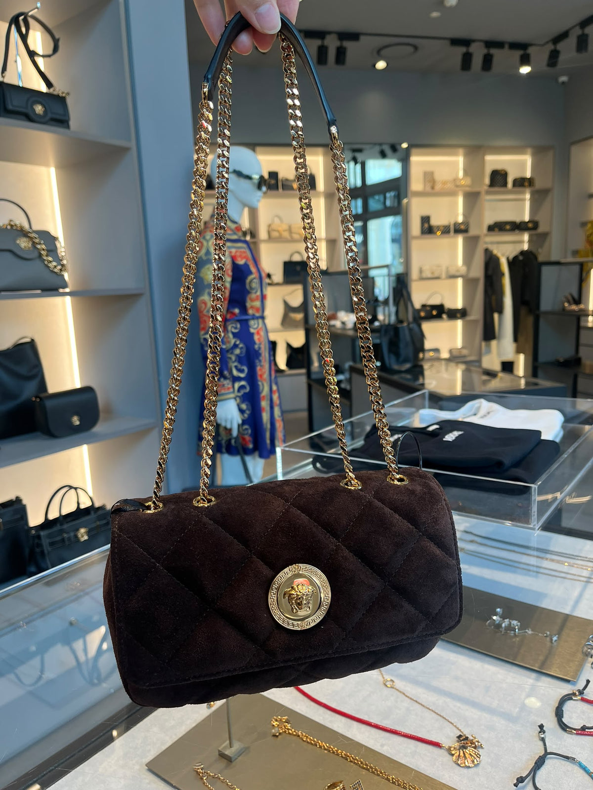 Quilted Suede Medusa Biggie Shoulder Bag