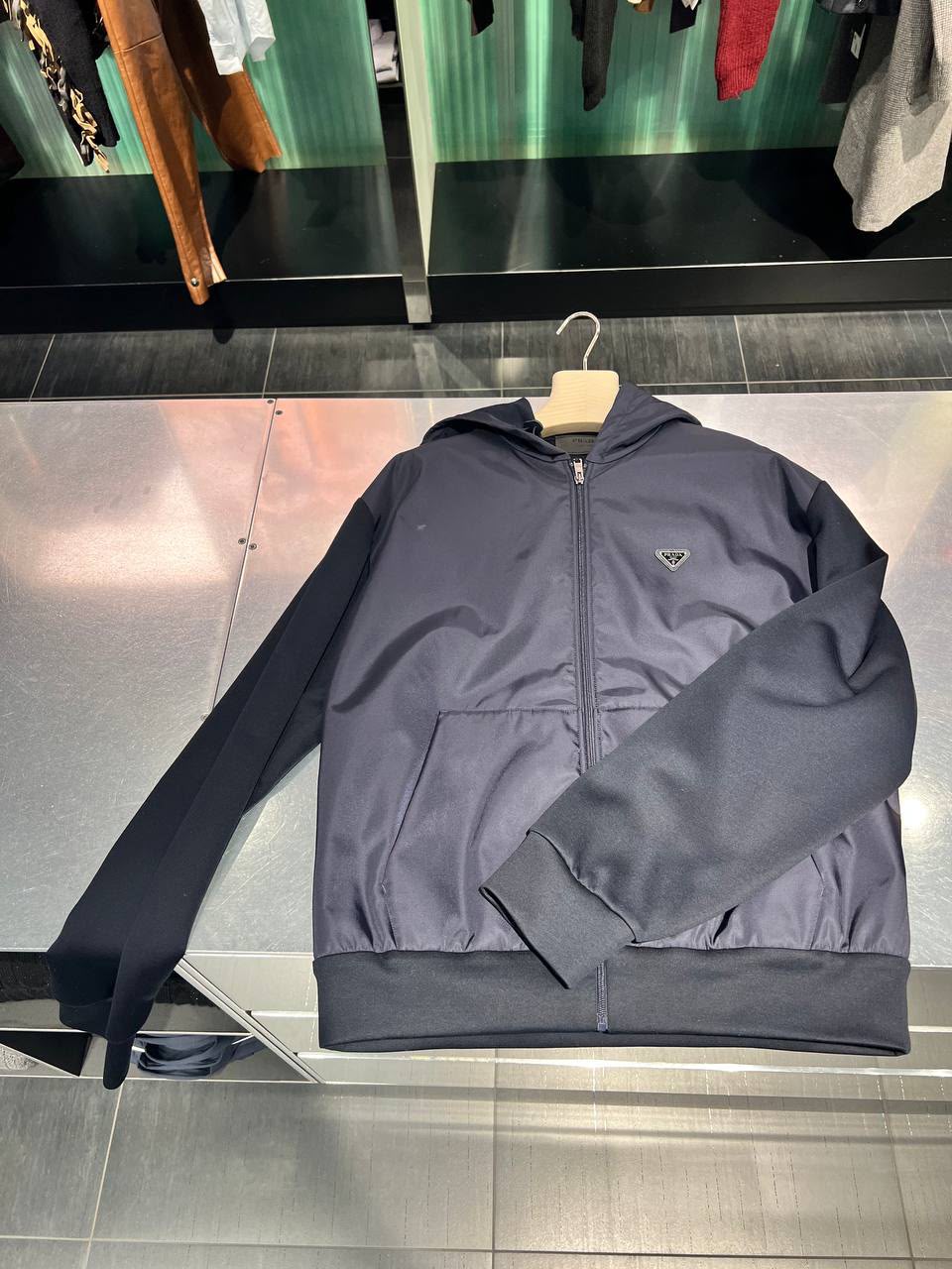 Re-Nylon and jersey hooded jacket