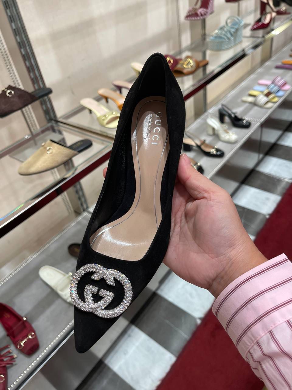 Suede Pump with Crystal Interlocking G