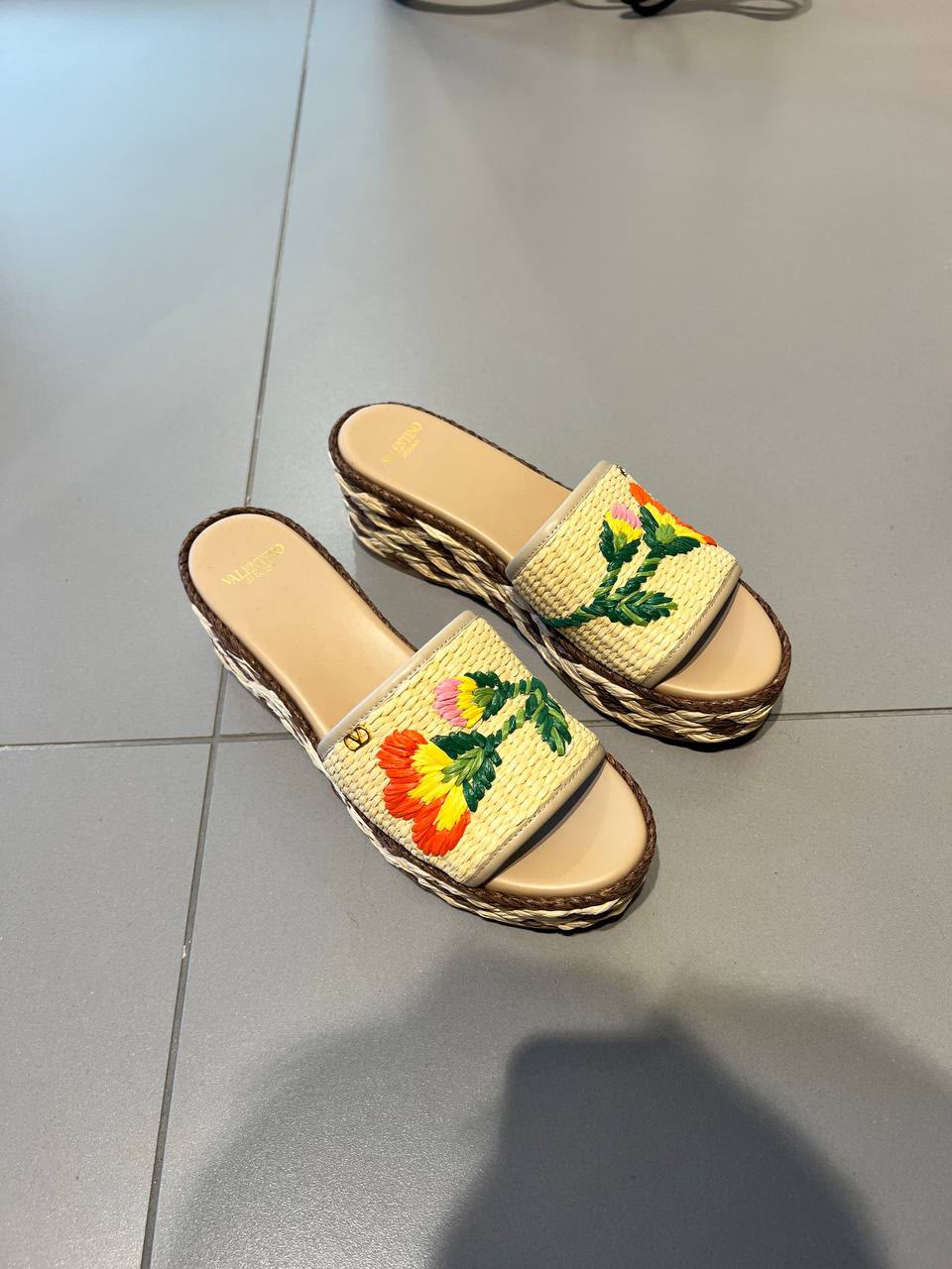 Garavani Floral Embroidered Raffia Wedge Slides