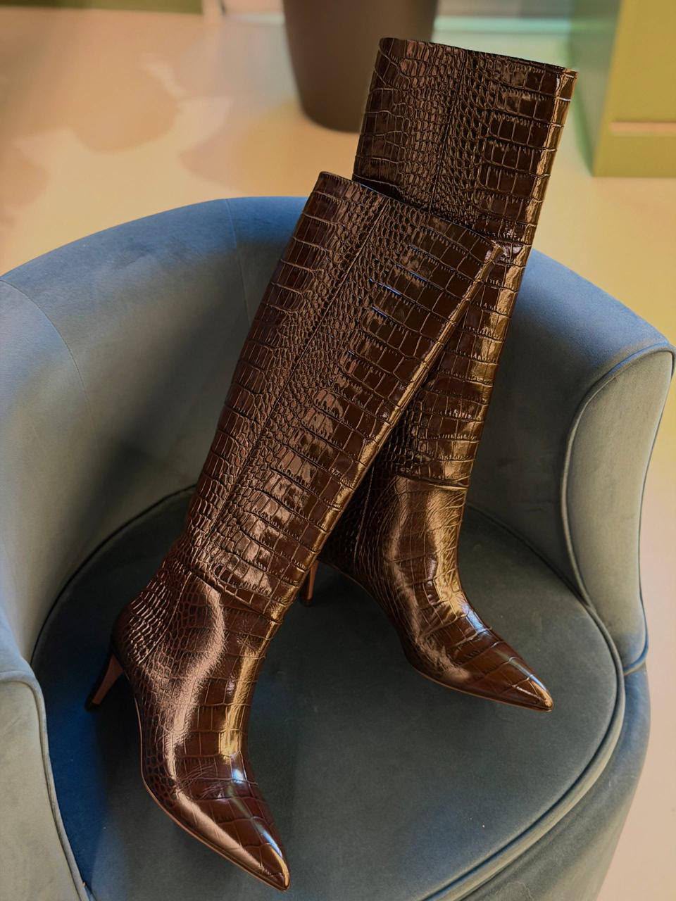 Crocodile-Embossed Knee-High Boots