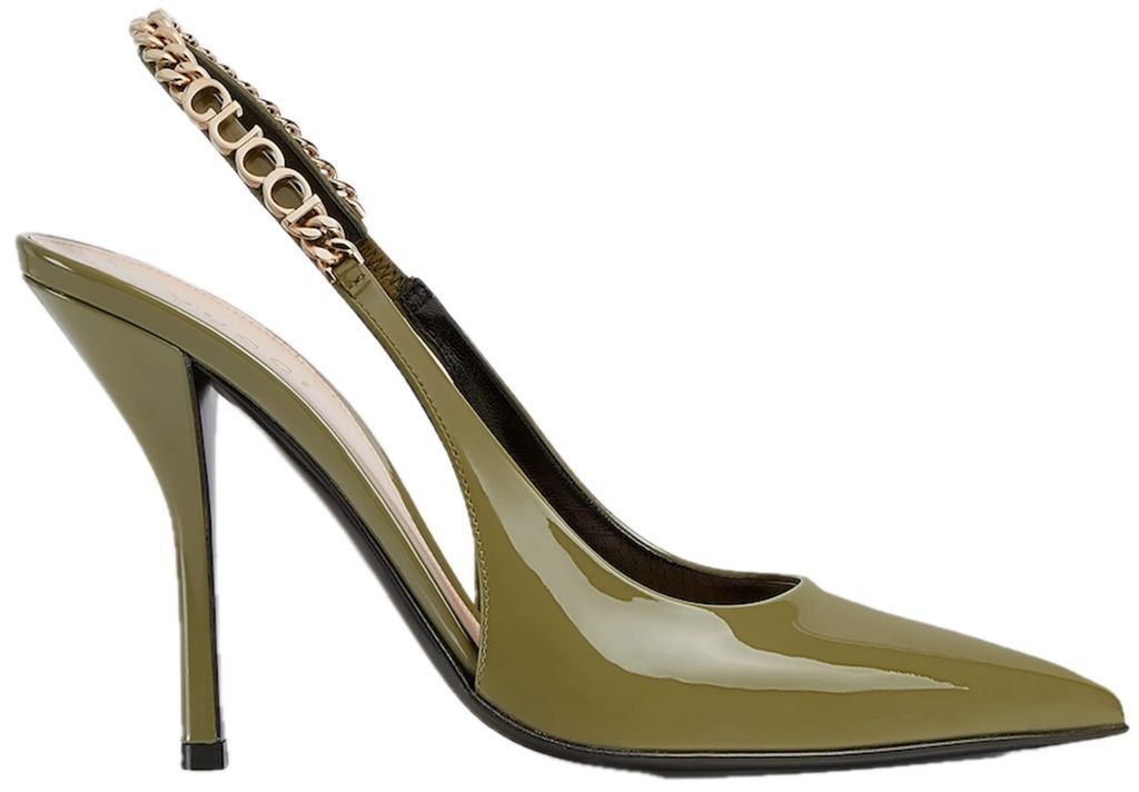 Chain-Embellished Patent Leather Slingback Pumps