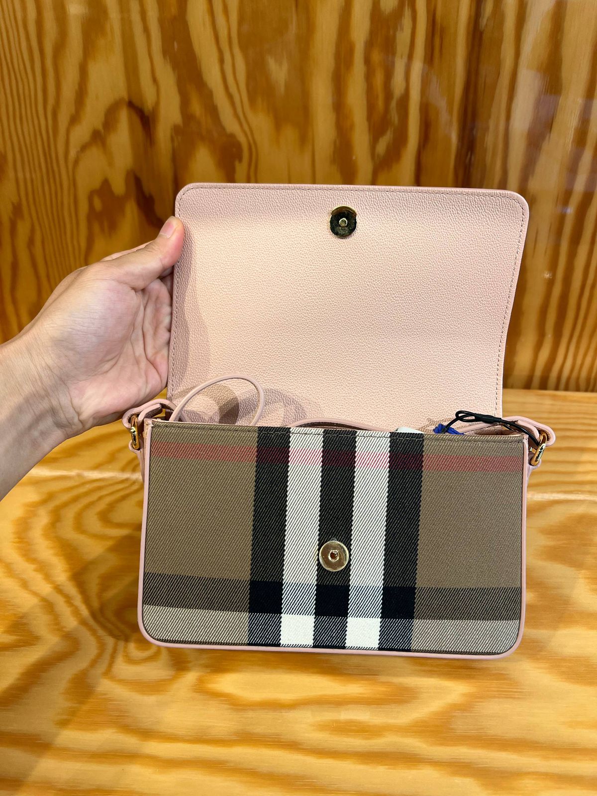 Note Check and Leather Crossbody Bag