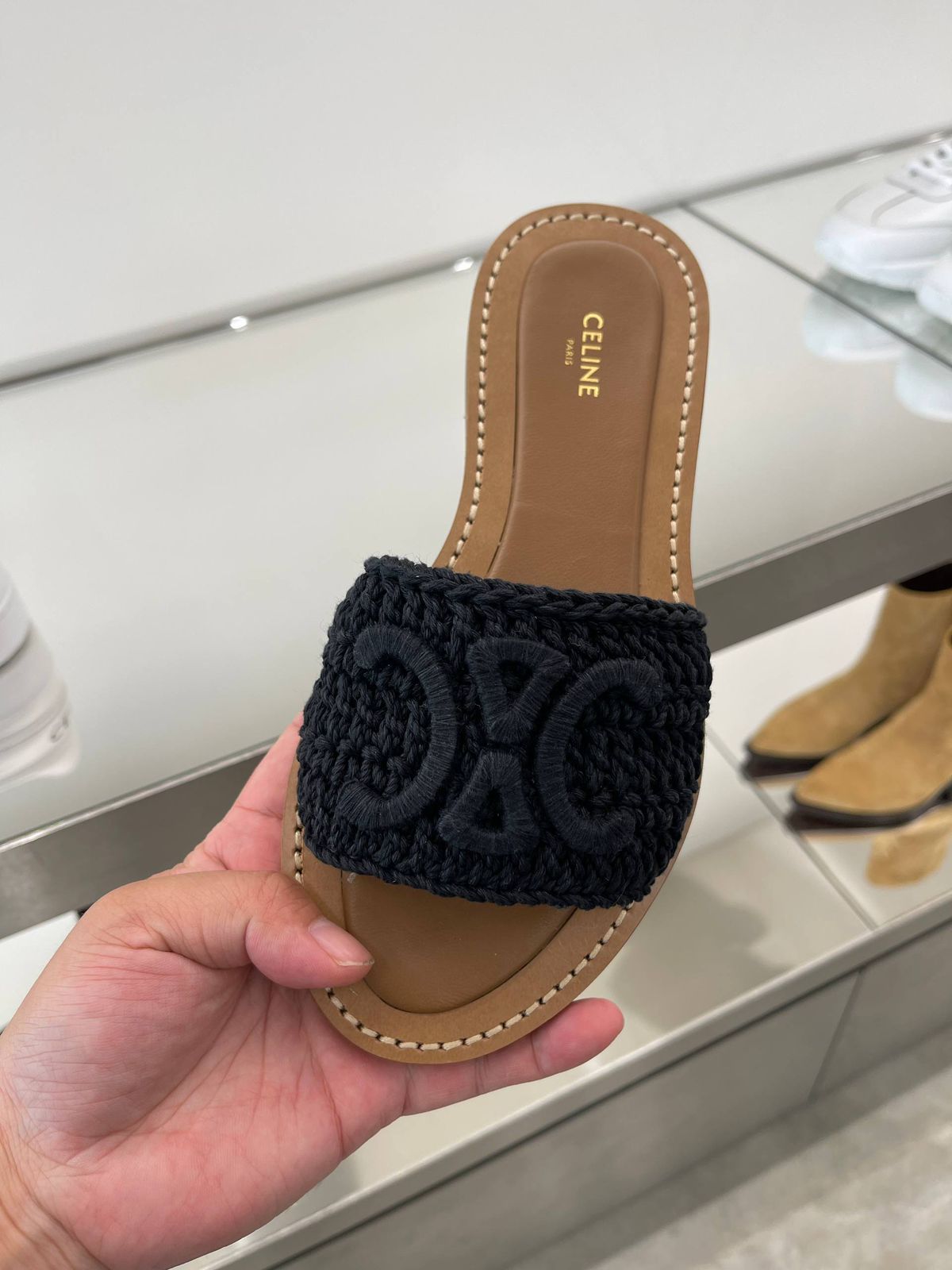 Celine Triomphe Slide Sandal in Crochet